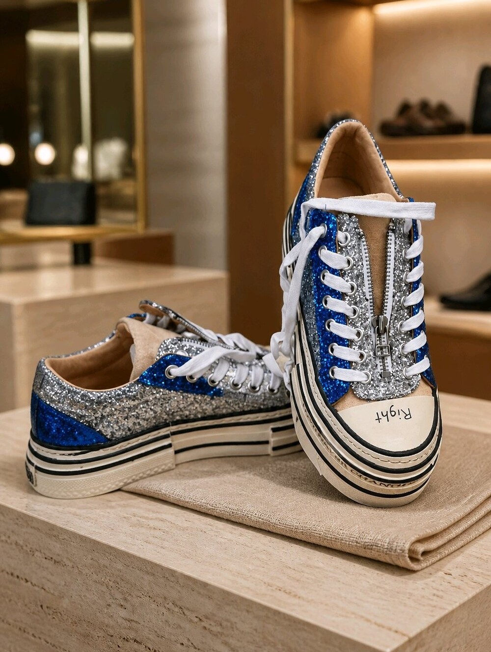 Sparkle Zip-Front Platform Sneakers in Blue & Silver Glitter